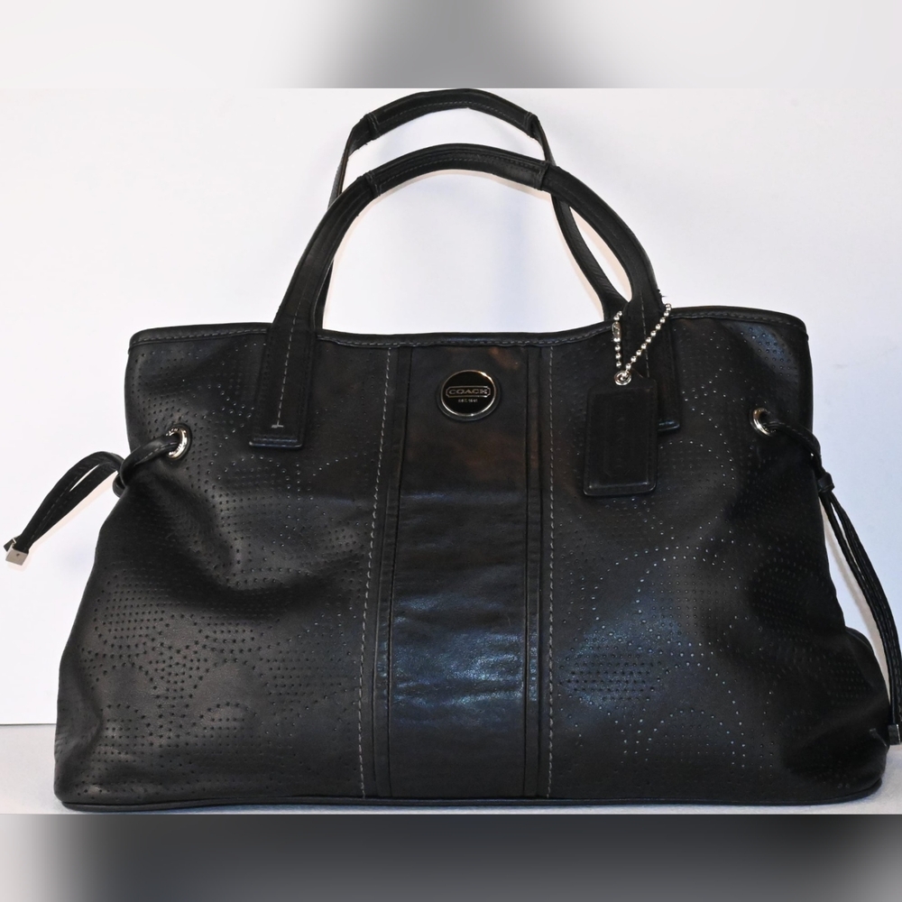 COACH Perforated Leather Shoulder Strap Handbag Purse In Designer Black, Logo